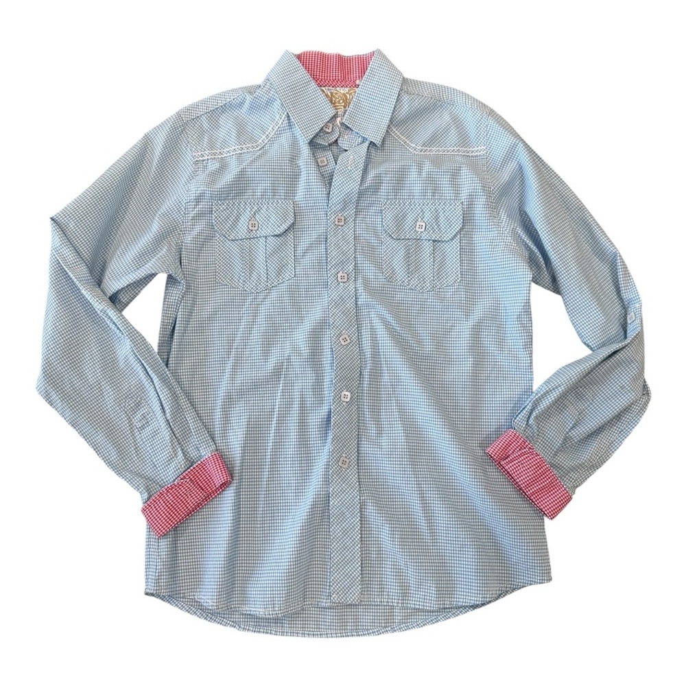 Blue gingham print western shirt with red cuffs
One-90 size medium